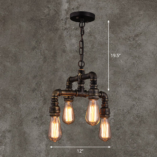 Rustic Industrial Chandelier With 4 Bulb Pendant Lights & Iron Pipes Bronze