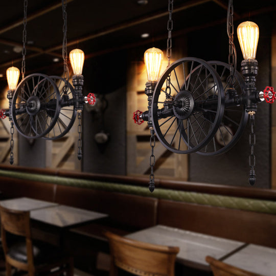 Metallic Pendant Light: Antique 3-Head Wagon Wheel Design For Restaurants And Hanging Islands With