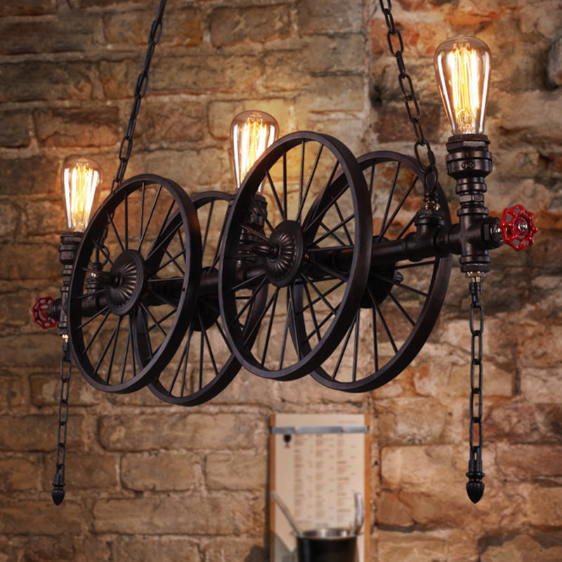 Metallic Pendant Light: Antique 3-Head Wagon Wheel Design For Restaurants And Hanging Islands With