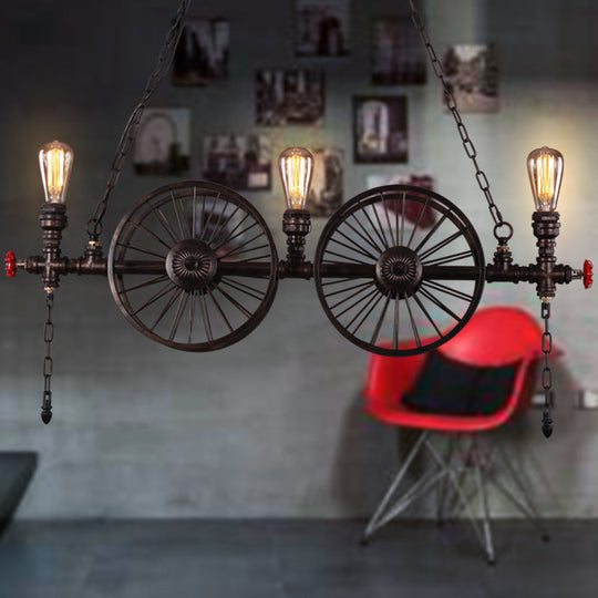 Metallic Pendant Light: Antique 3-Head Wagon Wheel Design For Restaurants And Hanging Islands With