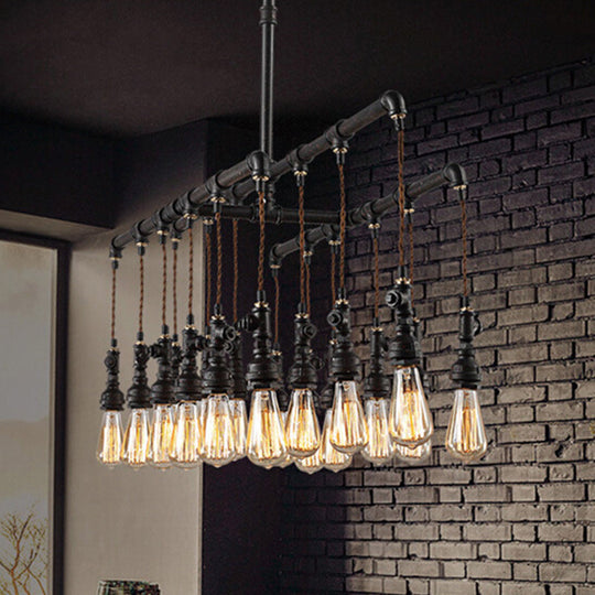 Black Industrial Led Pipe Chandelier For Restaurant Island - Iron Plumbing Hanging Lamp