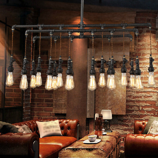 Rustic Black Iron Industrial Pipe LED Island Chandelier for Restaurants