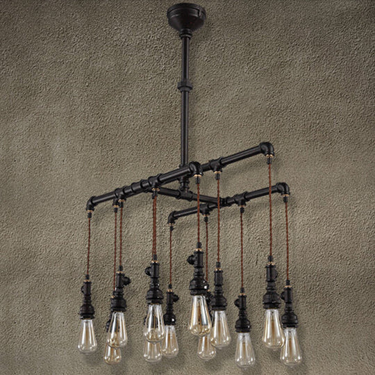 Rustic Black Iron Industrial Pipe LED Island Chandelier for Restaurants