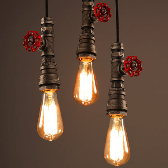 Rustic Piping Pendant Light With Valve Decor - 1-Light Iron Suspension Fixture