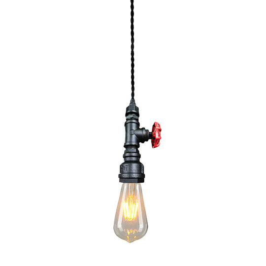 Retro Style Iron Water Valve Pendant Light Fixture With 1 Bulb Bar Suspension Black