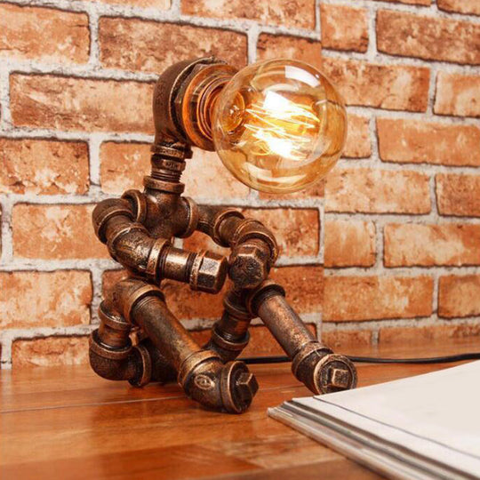 Retro Style Robot Iron Nightstand Lamp In Bronze - Single Bedroom Table Light