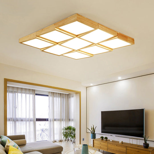 Modern Wood LED Ceiling Light with Square Acrylic Shade - Flush Mount for Living Room