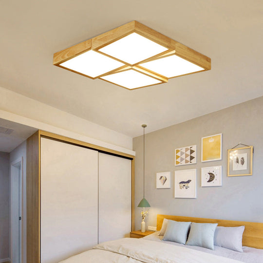 Modern Wood LED Ceiling Light with Square Acrylic Shade - Flush Mount for Living Room