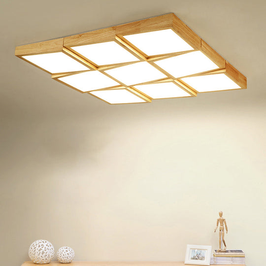 Modern Wood Led Ceiling Light With Square Acrylic Shade - Flush Mount For Living Room