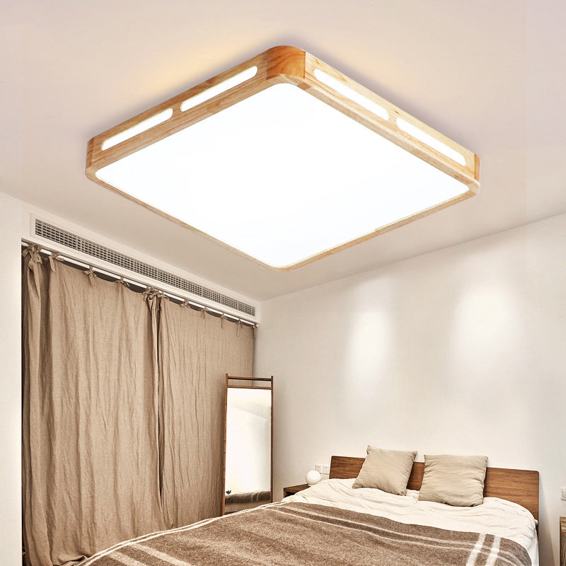 Japanese Square Led Wood Flush Mount Ceiling Light With Acrylic Shade - Bedroom Lighting