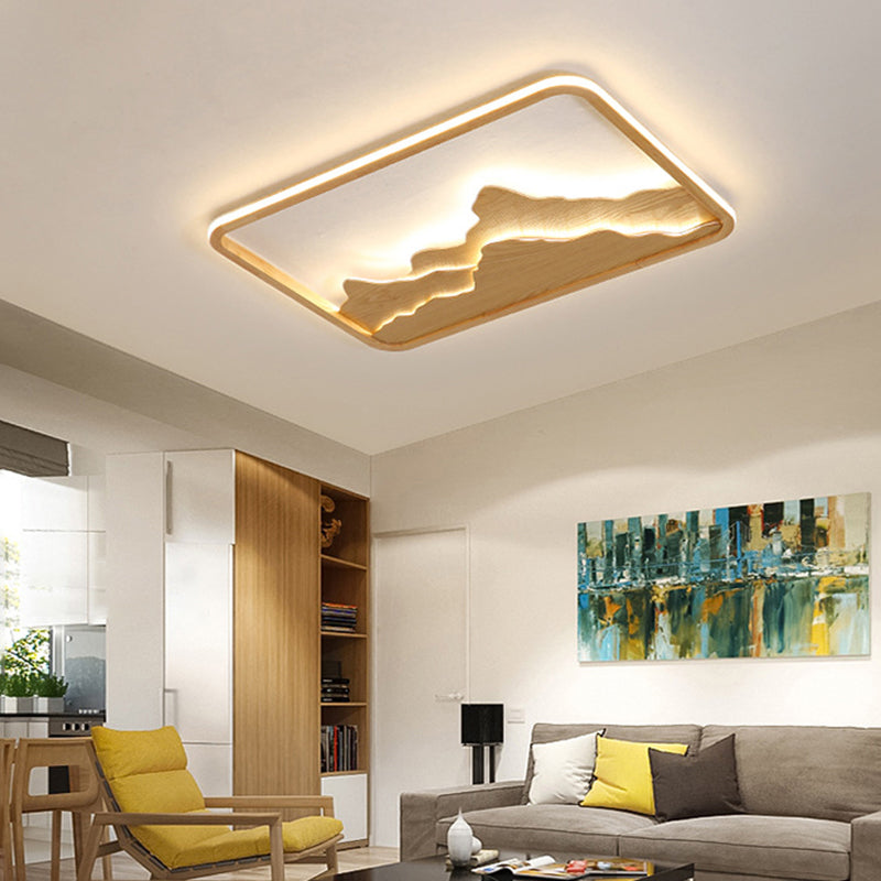 Chinese Mountain Wood Rectangle Flush Ceiling LED Light Fixture for Bedroom