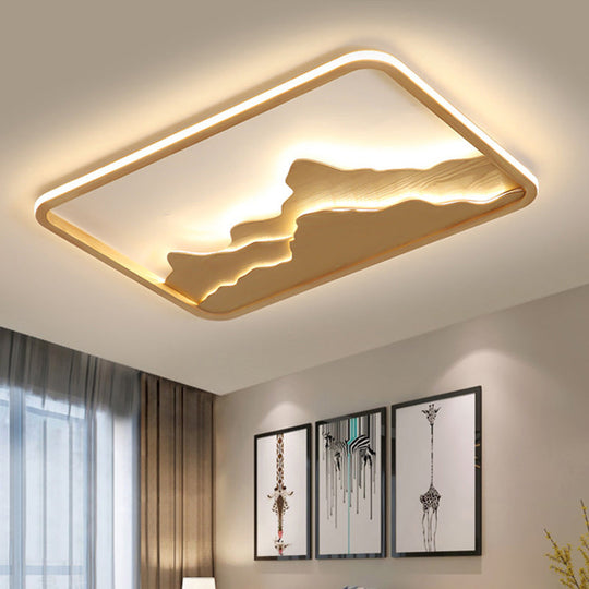 Chinese Mountain Wood Rectangle Flush Ceiling LED Light Fixture for Bedroom