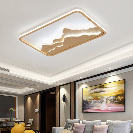 Chinese Mountain Wood Rectangle Flush Ceiling LED Light Fixture for Bedroom