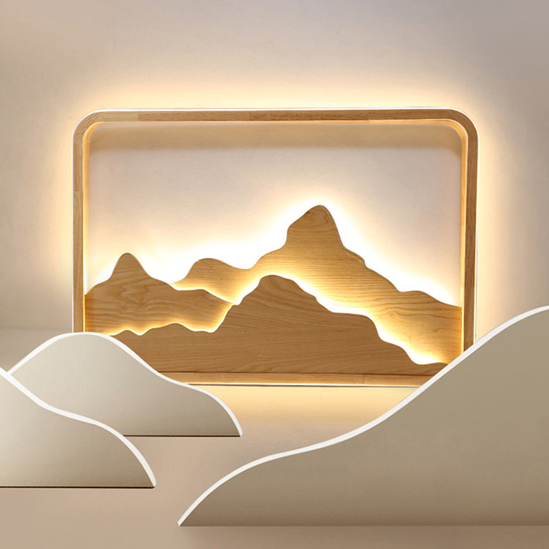 Chinese Mountain Wood Rectangle Flush Ceiling LED Light Fixture for Bedroom