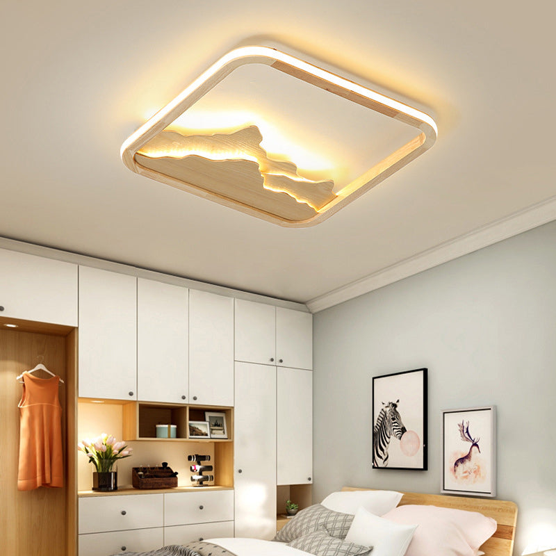 Chinese Mountain Wood Rectangle Flush Ceiling LED Light Fixture for Bedroom