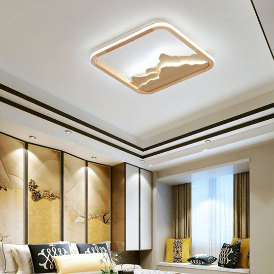 Chinese Mountain Wood Rectangle Flush Ceiling LED Light Fixture for Bedroom