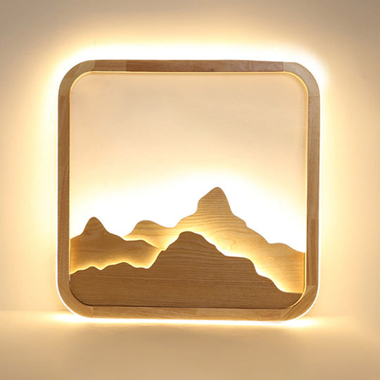 Chinese Mountain Wood Rectangle Flush Ceiling LED Light Fixture for Bedroom