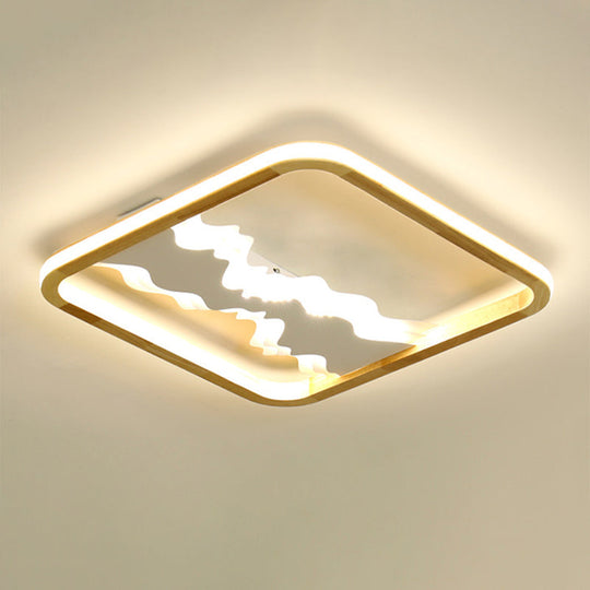 Chinese Mountain Wood Rectangle Flush Ceiling LED Light Fixture for Bedroom