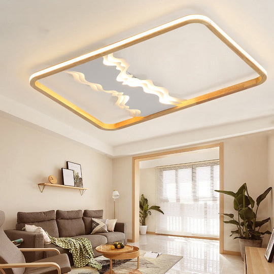 Chinese Mountain Wood Rectangle Flush Ceiling LED Light Fixture for Bedroom