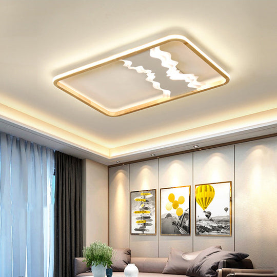 Chinese Mountain Wood Rectangle Flush Ceiling LED Light Fixture for Bedroom