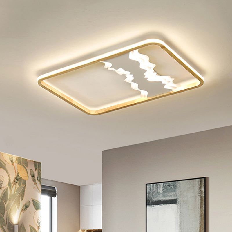 Chinese Mountain Wood Rectangle Flush Ceiling LED Light Fixture for Bedroom