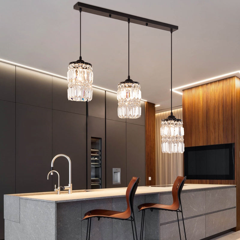 Black Crystal Cluster Pendant Light With 3 Cylinder Shades And Round/Linear Canopy