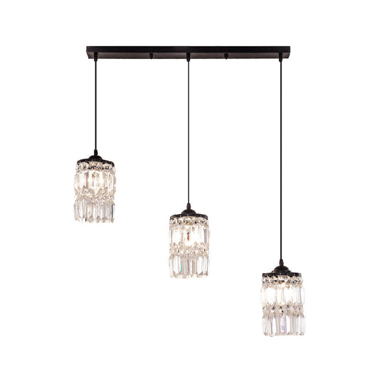 Black Crystal Cluster Pendant Light With 3 Cylinder Shades And Round/Linear Canopy