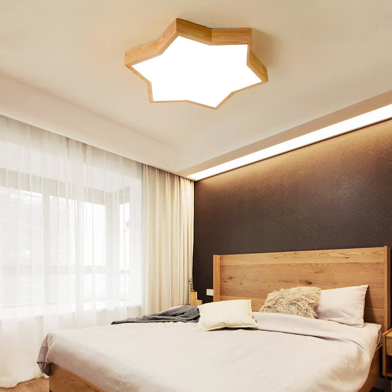 Wooden LED Six-Pointed Star Flush Mount Bedroom Light - Minimalist Fixture