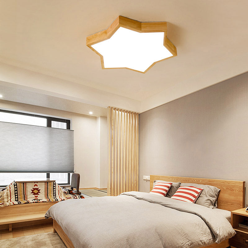 Wooden LED Six-Pointed Star Flush Mount Bedroom Light - Minimalist Fixture