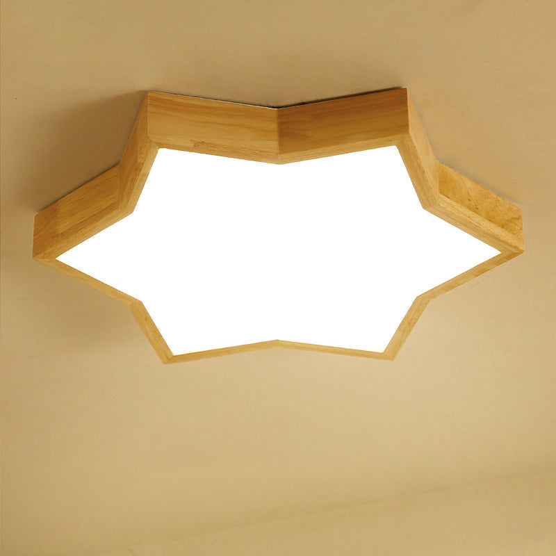 Wooden LED Six-Pointed Star Flush Mount Bedroom Light - Minimalist Fixture