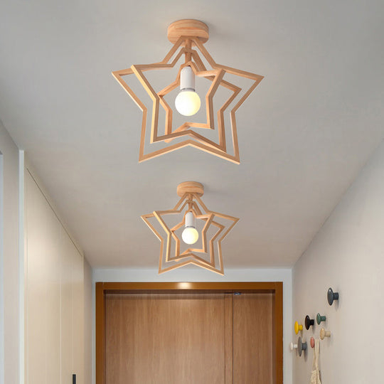 Nordic Style Wood Geometric Cage Flush Ceiling Light Fixture for Corridors