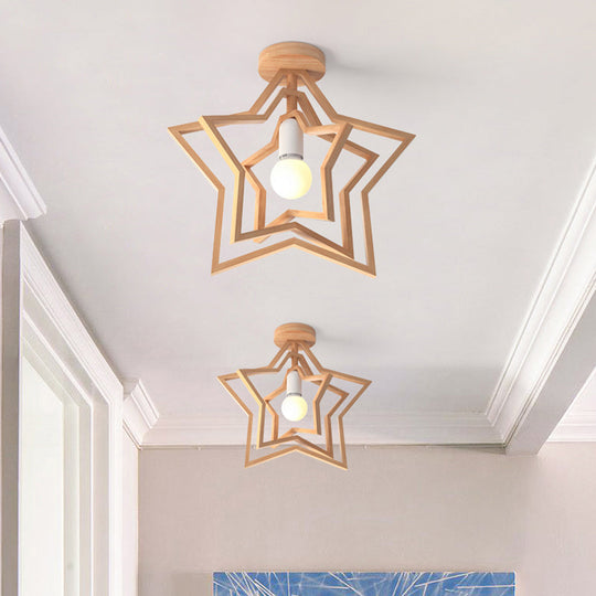 Nordic Style Wood Geometric Cage Flush Ceiling Light Fixture For Corridors / Star