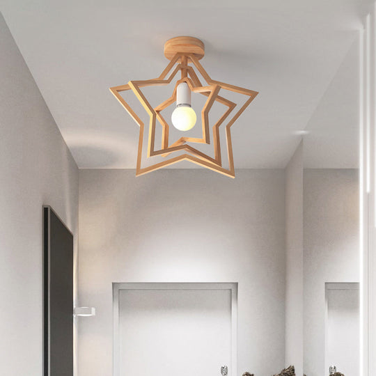 Nordic Style Wood Geometric Cage Flush Ceiling Light Fixture for Corridors