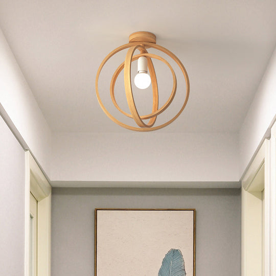 Nordic Style Wood Geometric Cage Flush Ceiling Light Fixture for Corridors