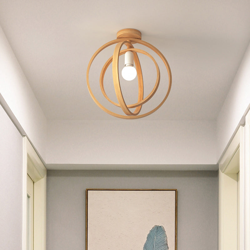 Nordic Style Wood Geometric Cage Flush Ceiling Light Fixture For Corridors