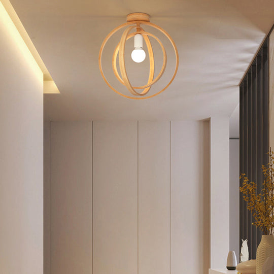 Nordic Style Wood Geometric Cage Flush Ceiling Light Fixture for Corridors