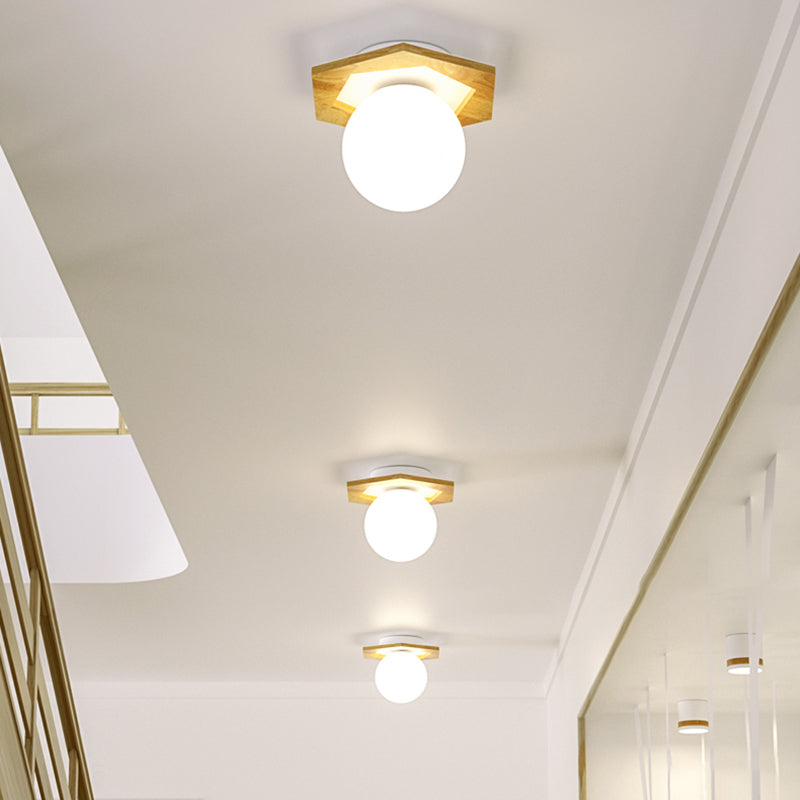 Frosted White Glass & Wood Modern Flush Mount Ceiling Light