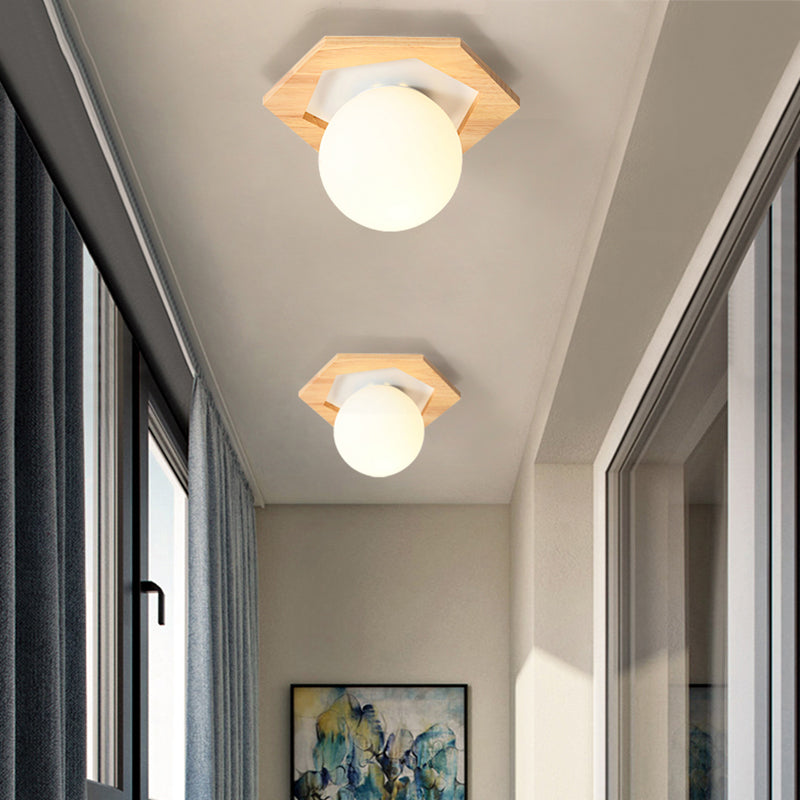 Frosted White Glass & Wood Modern Flush Mount Ceiling Light / Hexagon