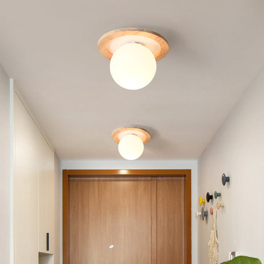 Frosted White Glass & Wood Modern Flush Mount Ceiling Light / Round