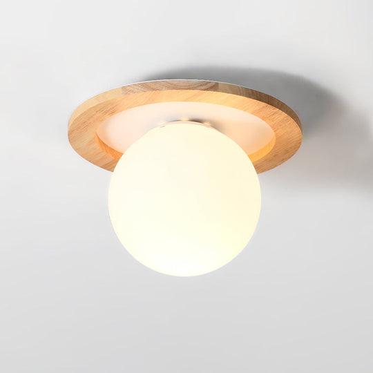 Frosted White Glass & Wood Modern Flush Mount Ceiling Light