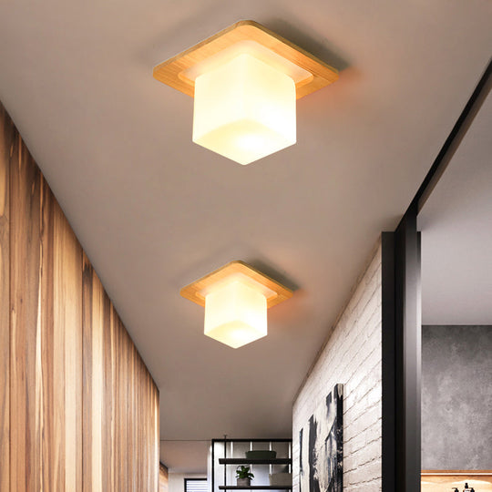 Frosted White Glass & Wood Modern Flush Mount Ceiling Light