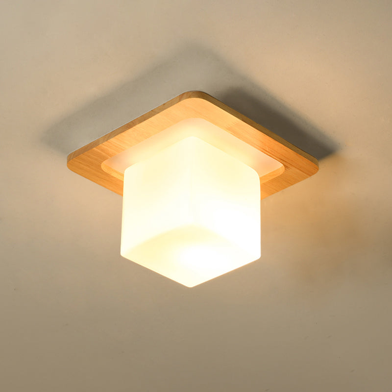 Frosted White Glass & Wood Modern Flush Mount Ceiling Light