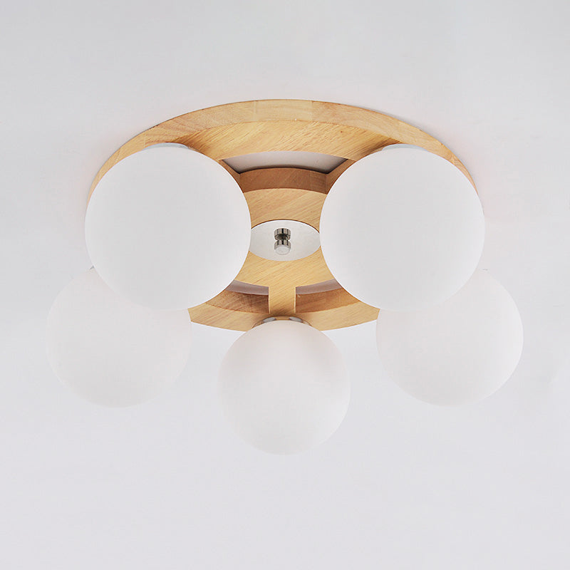 Simplicity White Glass Globe Flush Mount Ceiling Light with Wooden Canopy