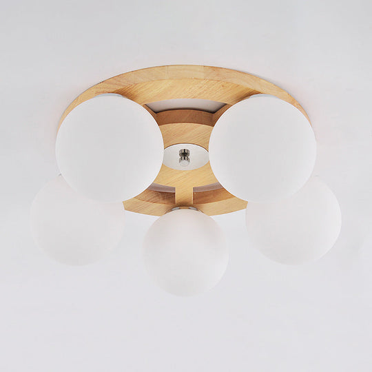 Simplicity White Glass Globe Flush Mount Ceiling Light with Wooden Canopy