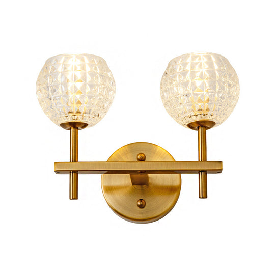 Modern Gold Orb Wall Sconce With Clear Grid Glass And Clean-Lined Arm For Hallway