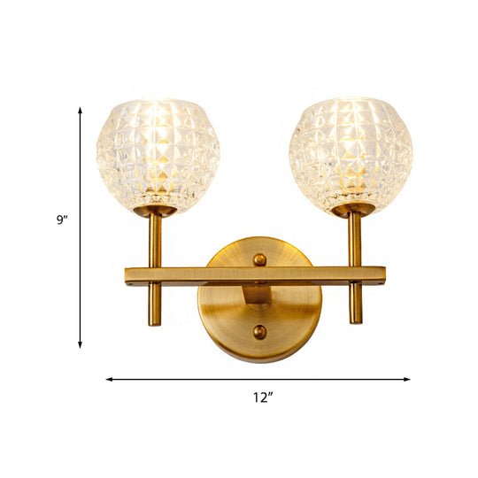 Modern Gold Orb Wall Sconce With Clear Grid Glass And Clean-Lined Arm For Hallway