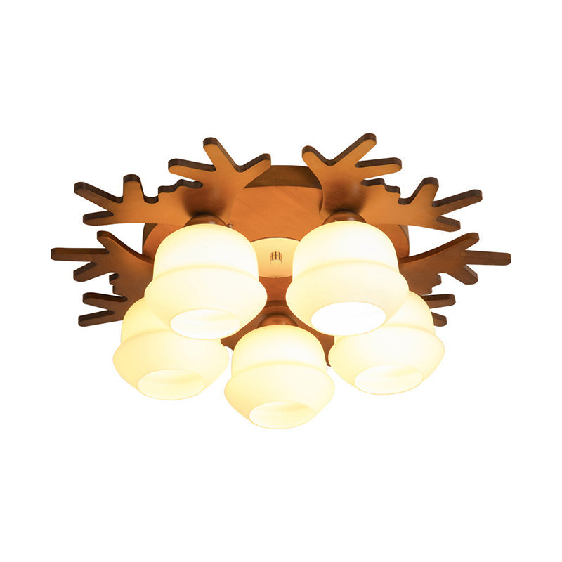 Nordic-Style Wood Flush Ceiling Light With Antler Design And White Glass Shade