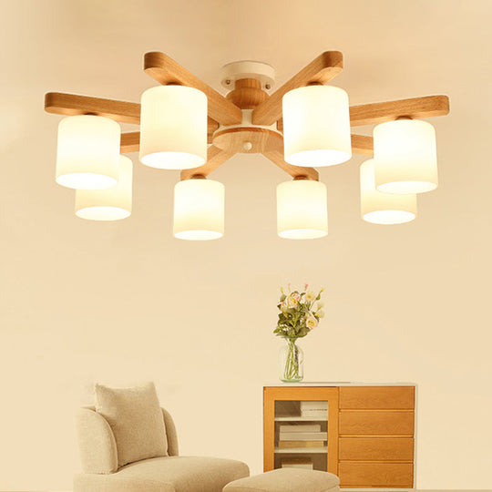 Semi Flush Japanese Cream Glass Ceiling Mount Chandelier - Wood Finish