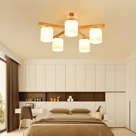 Semi Flush Japanese Cream Glass Ceiling Mount Chandelier - Wood Finish