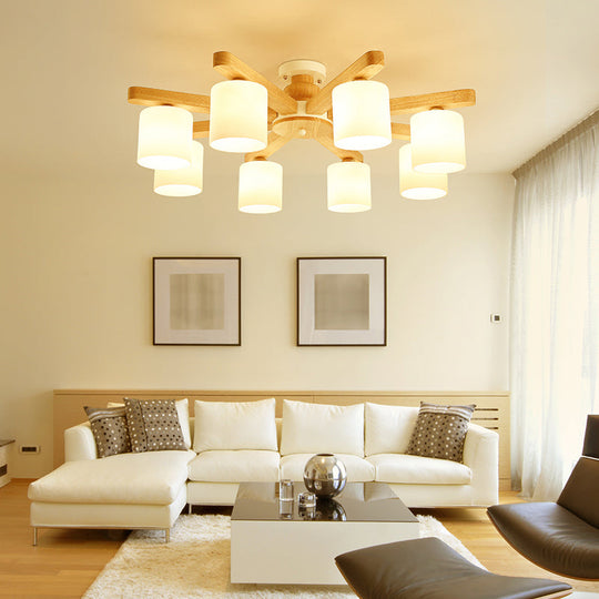 Semi Flush Japanese Cream Glass Ceiling Mount Chandelier - Wood Finish